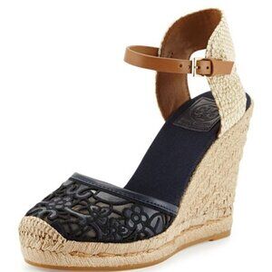 Tory Burch Leather Lucia Canvas Espadrille Wedge Crochet Woven Lace Sandal 6.5
